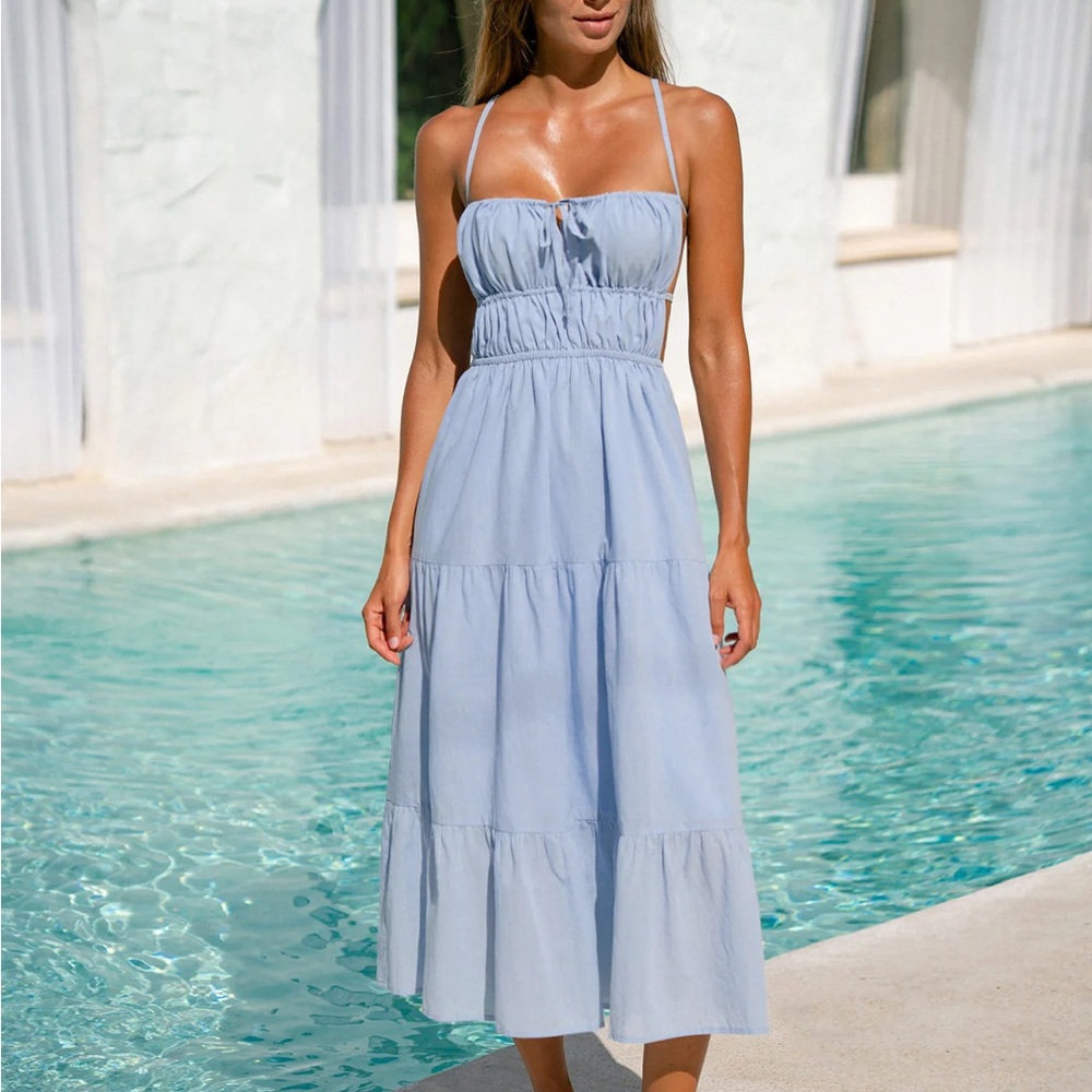 Backless Spaghetti-Strap Midi Dress - Light Blue - Picture 3 of 6